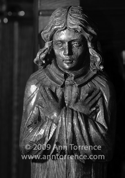 wood carved angel in Black and white B&W Catholic Cathedral of the Madeleine Salt Lake City