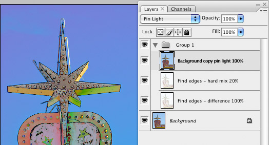 Photoshop tutorial find edges blending modes blending option pin light difference